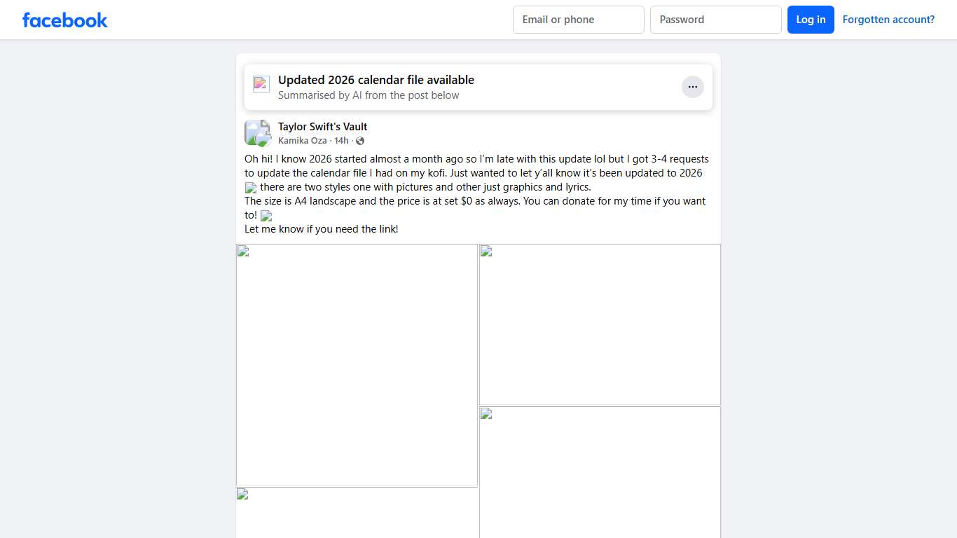 Taylor Swift's Vault Oh hi! I know 2026 started almost a month ago so I’m late with this update lol but I got 3-4 requests to update the calendar file I had on my kofi Facebook